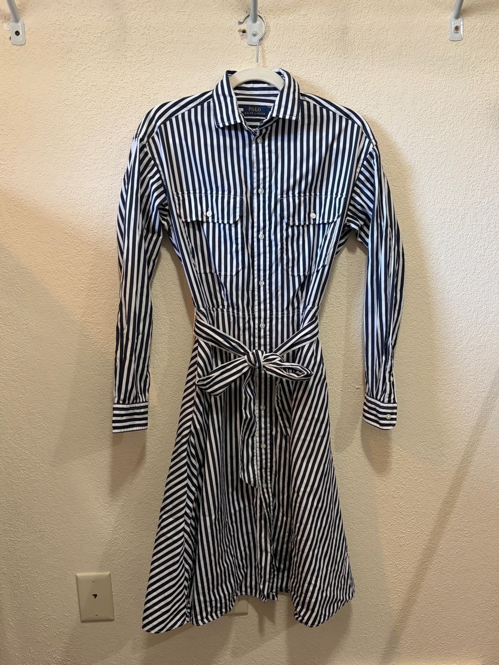 Polo Ralph Lauren Striped Shirt Dress Belted Button Front Navy White Size 2